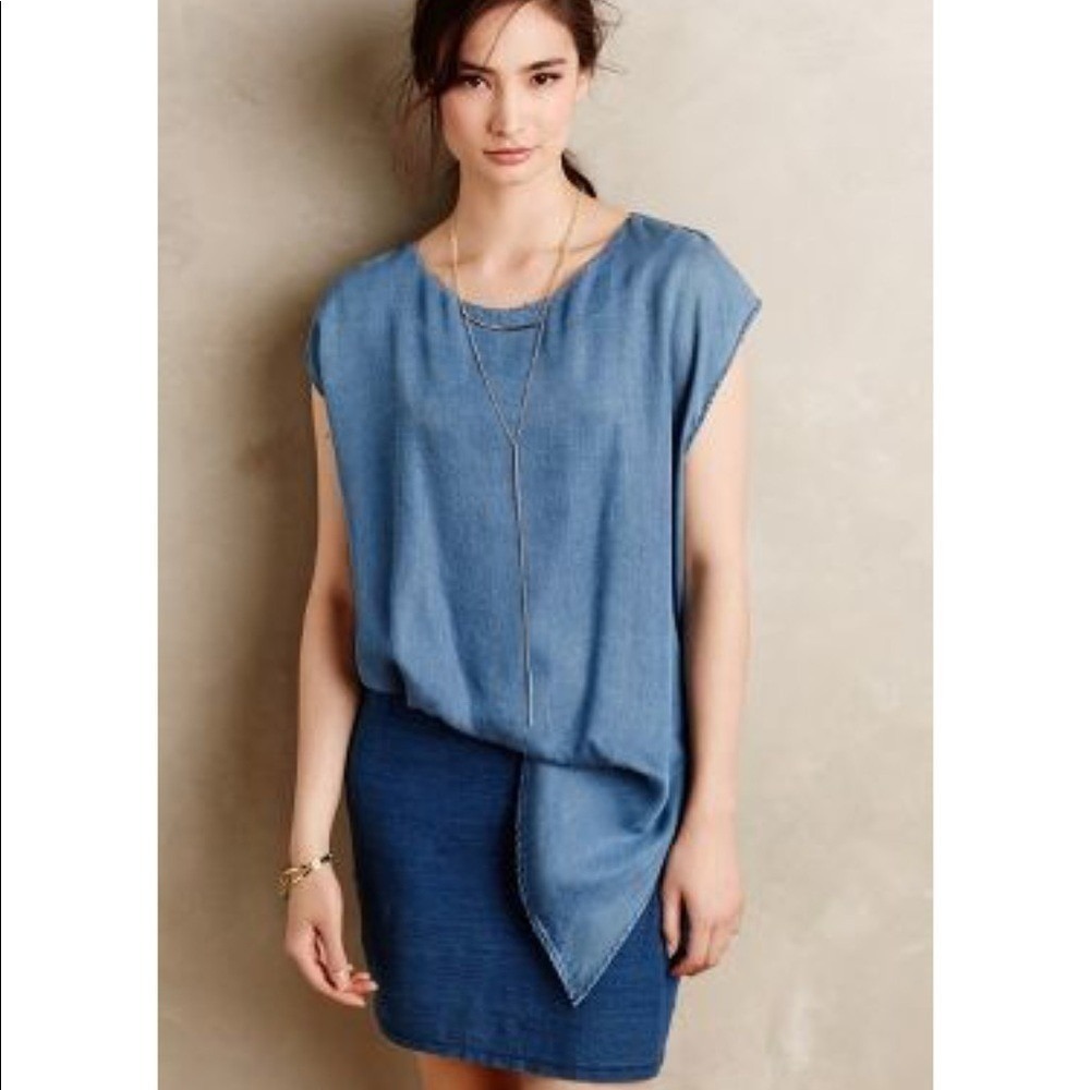 Anthropologie‎ AMADI Women Blue Denim Chambray Tunic Dress Tie Waist Size M